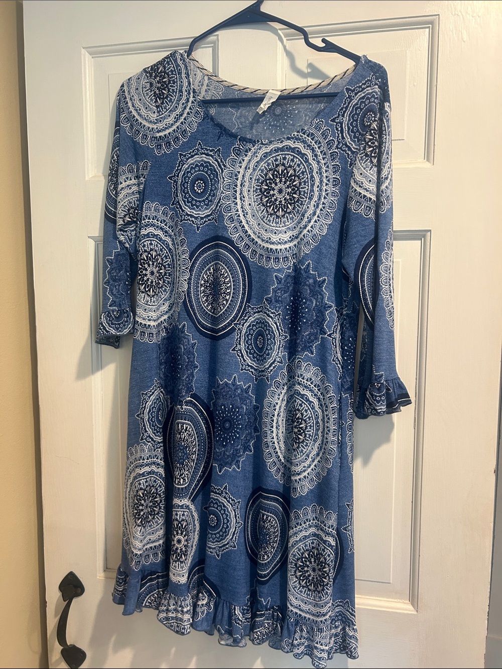 Honeyme Blue Medallion-Print Long Sleeve Swing Dress